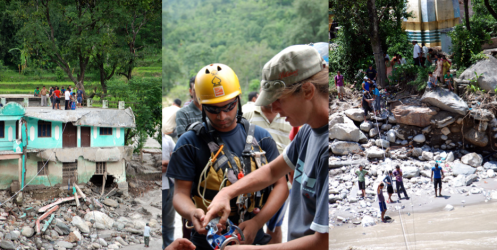 Team builds zip lines and rope bridges to re-connect the cut-off villagers and supply them with food, clothes, tent materials etc